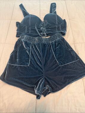Haute Monde Velvet Lace-Up Bralette & Elastic Waist Shorts - Teal